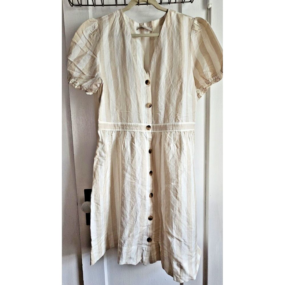 LOFT Neutral stripe linen‎ viscose blend button up shirt dress women Sz 14